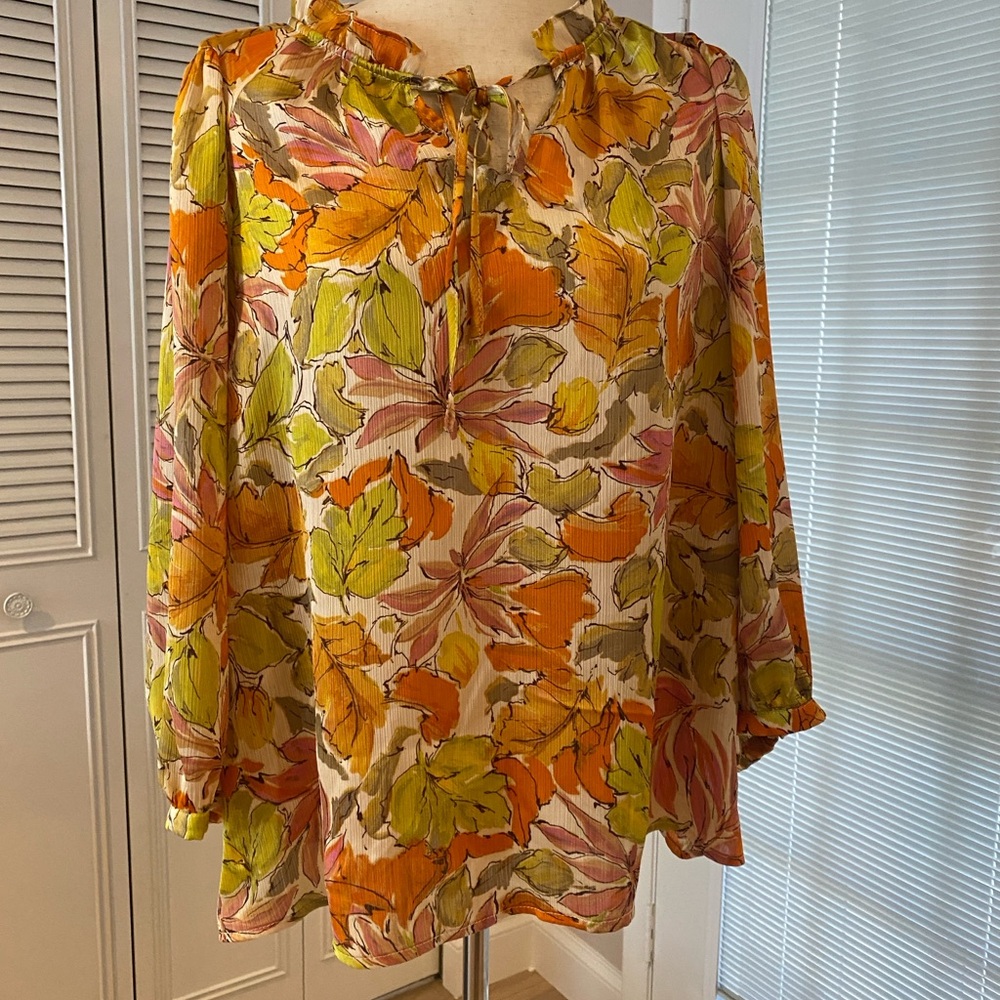Vince Camuto Orange Yellow 3/4 Sleeve Tie Front Blouse Sz XL
